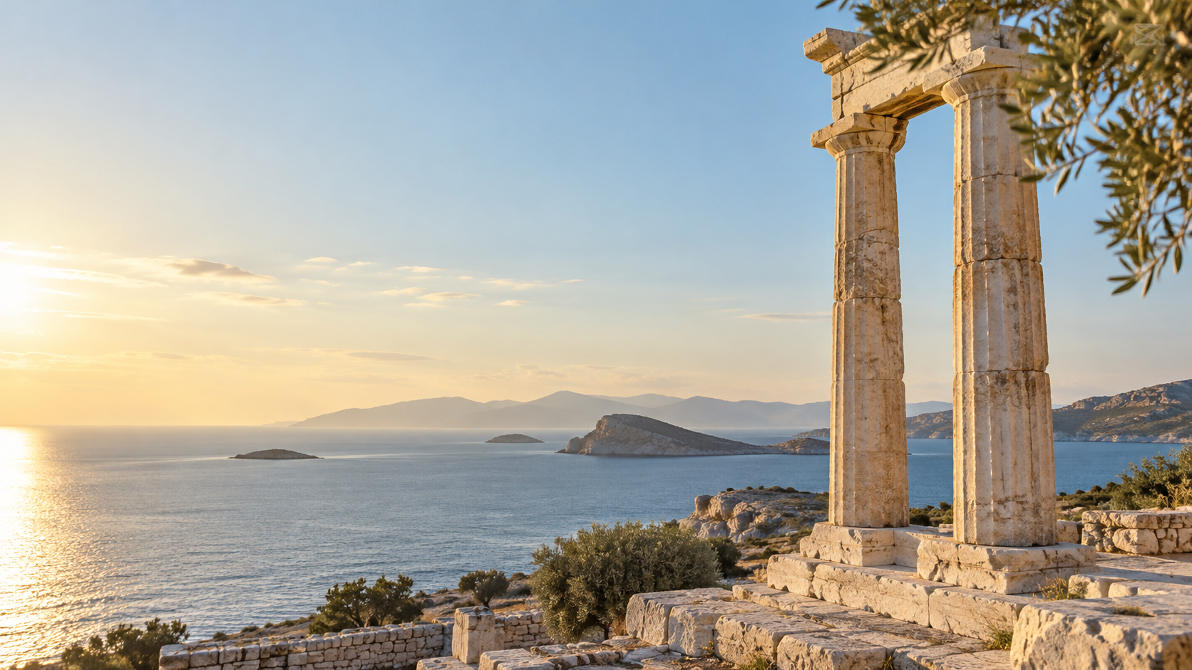 Antike griechische Marmorsäulen und Olivenzweige über dem Ägäischen Meer im warmen Sonnenlicht